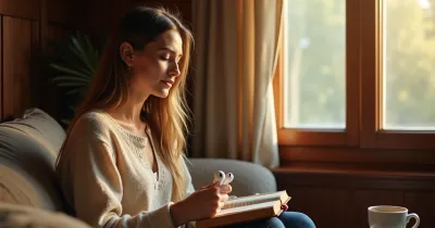 Christian woman in cream sweater listening to a podcast on wireless earbuds while reading the Bible at home, warm morning light through window