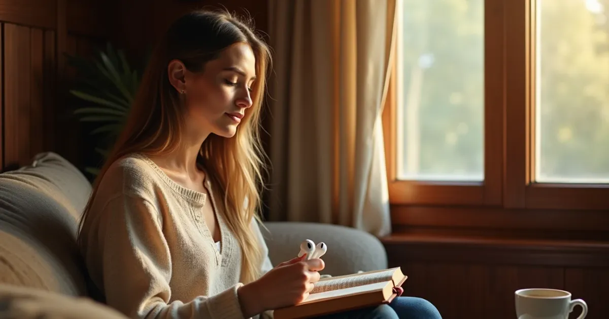 Christian woman in cream sweater listening to a podcast on wireless earbuds while reading the Bible at home, warm morning light through window